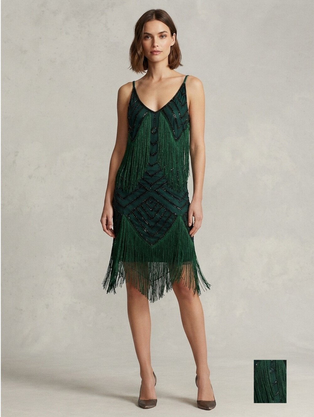 Women's New Green Beaded Fringe Slip Summer Cocktail Party Dress Small